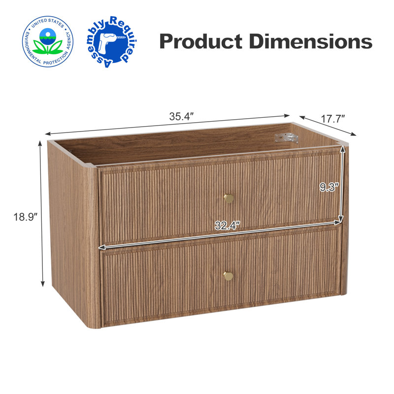 Meuble-lavabo mural simple de 91 cm (36 po) seulement, de style moderne du milieu du siècle, en bois cannelé avec coins arrondis, 2 tiroirs à fermeture douce