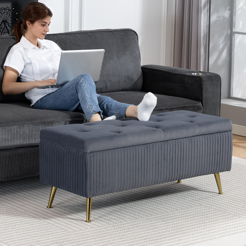 Banc de rangement avec repose-pieds avec pieds en acier, coffre de rangement de 43 po, Gris