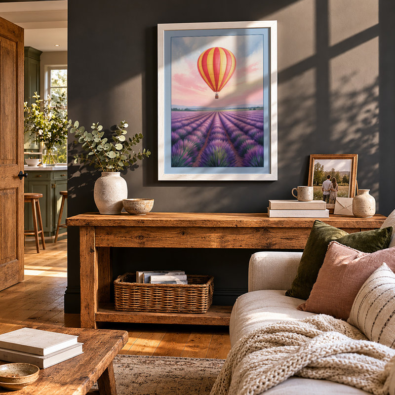 Balloon Over Lavender Boho - Framed Print, A1 - 84.1 x 59.4 cm, White