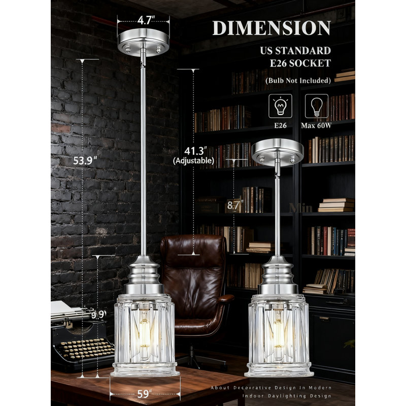 Ensemble de 2 luminaires suspendus Farmhouse, luminaire suspendu en nickel brossé avec abat-jour en verre cannelé, luminaire suspendu pour îlot de cuisine, salle à manger
