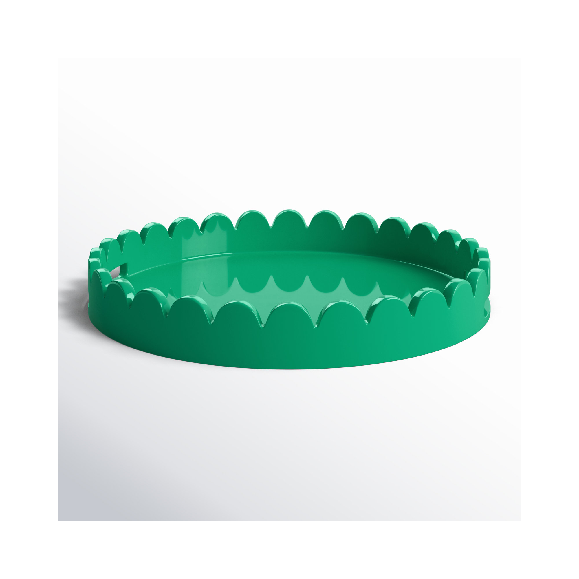 Effa Hand-Crafted Round Scalloped Wood Tray, Emerald Green