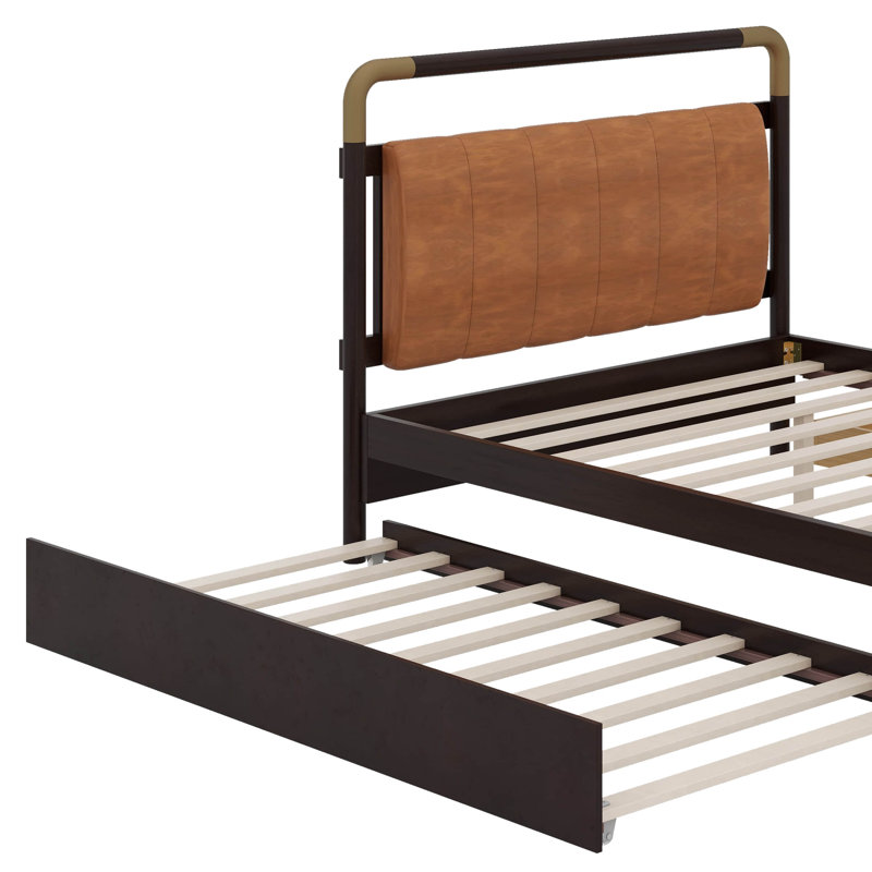 Grand lit plateforme en bois avec 2 grands tiroirs et un lit gigogne, Noyer