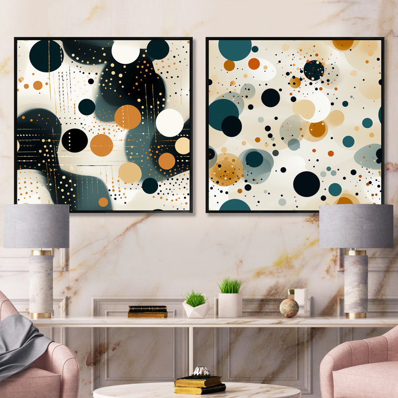 Industrial Chic Polka Dots Pattern - Abstract Shapes Square Collage Set Of 2, 16" H x 33" W, Black Floater Framed