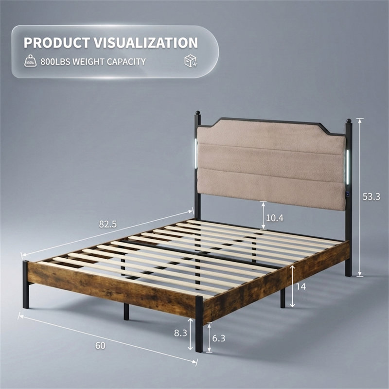 Structure de très grand lit, lit plateforme, tête de lit tapissier, ports USB et éclairage à DEL à commande tactile; Aucun sommier tapissier requis; Style moderne et minimaliste