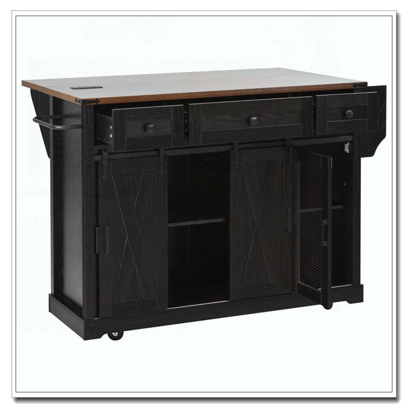 58" Farmhouse Kitchen Island with Storage, Sliding Barn Door & Metal Grid Side Door, Rolling Kitchen Island on 5 Wheels with Spice Rack