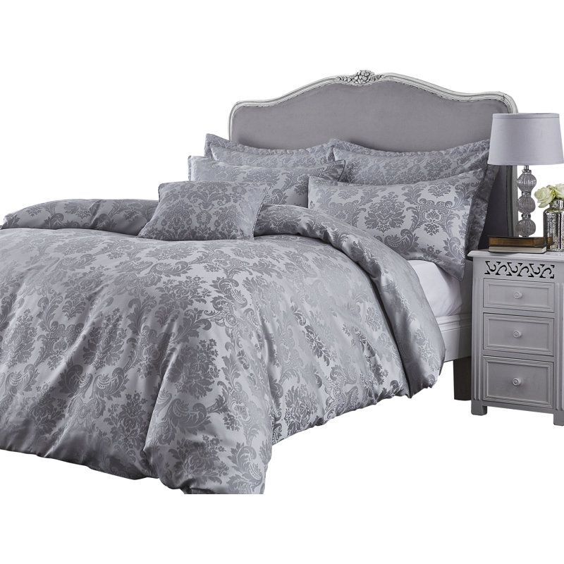 Damask Jacquard Duvet Cover Set with Pillowcases, Single Duvet Cover + 1 Standard Pillowcase, Silver