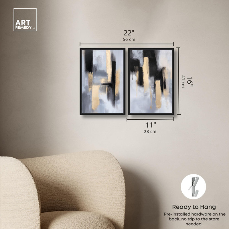 Ensemble de 2 reproductions sur toile Luxe , Noir, Impression dans un cadre flottant sans passe-parto, H 16 po x l 11 po