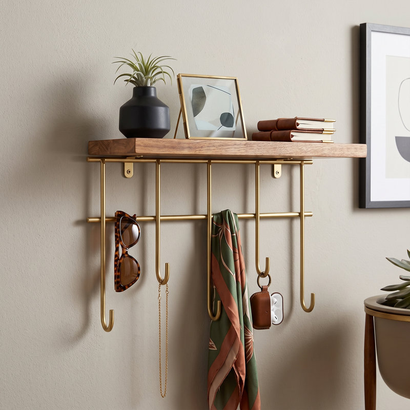 Modern Solid Wood Wall Shelf with Hooks