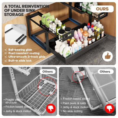 Paquet de 1 organisateur de rangement sous évier extensible avec glissières à roulement à billes de mise à niveau, 2 niveaux de rangement sous l'armoire réglables en hauteur, tiroirs coulissants sous l'évier