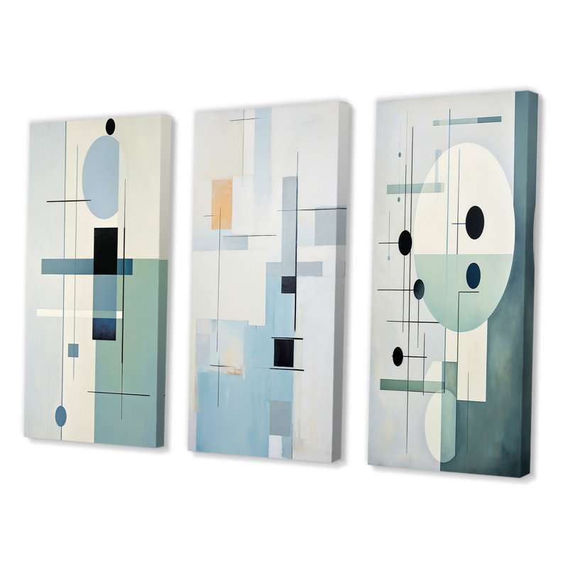 «Beige, sarcelle, suprématisme, harmonies spatiales», 3 pièces sur toile, Toile tendue, H 32 po x l 48 po