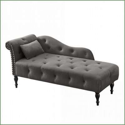 Aijia 60.6" Velvet Tufted Chaise Lounge with Solid Wood Legs &amp; Pillow – Elegant Classic for Living Room | Grey | Velvet | Wood