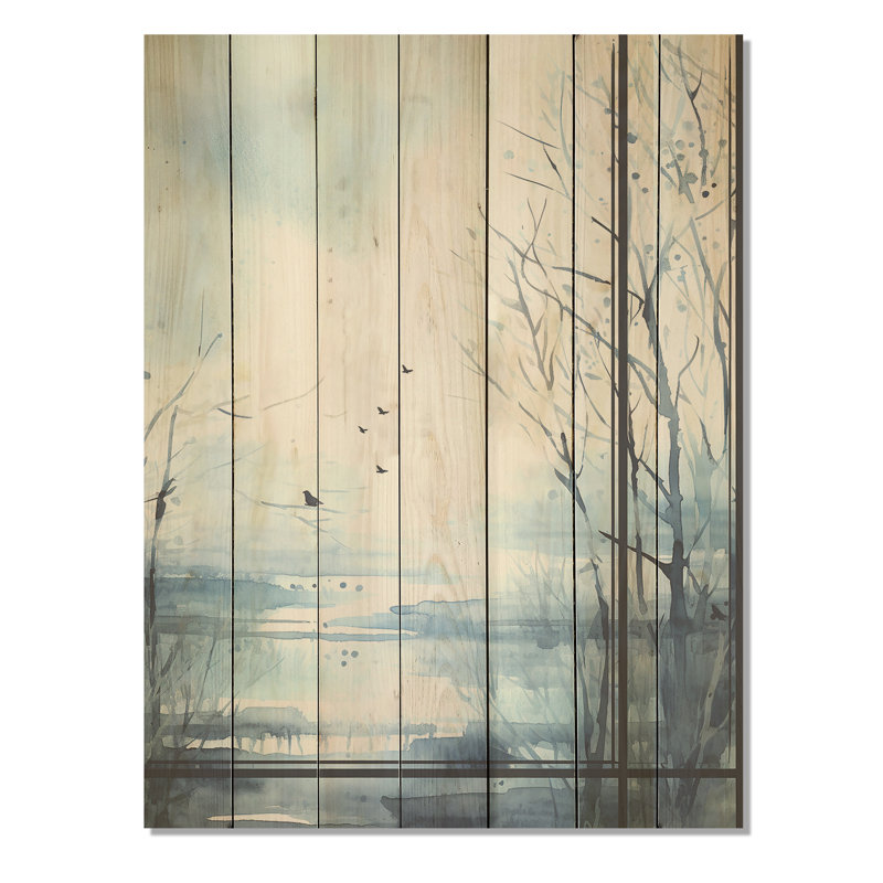 «White and Blue Winter Forest Collage V», paysage d'hiver sur bois, H 40 po x l 30 po