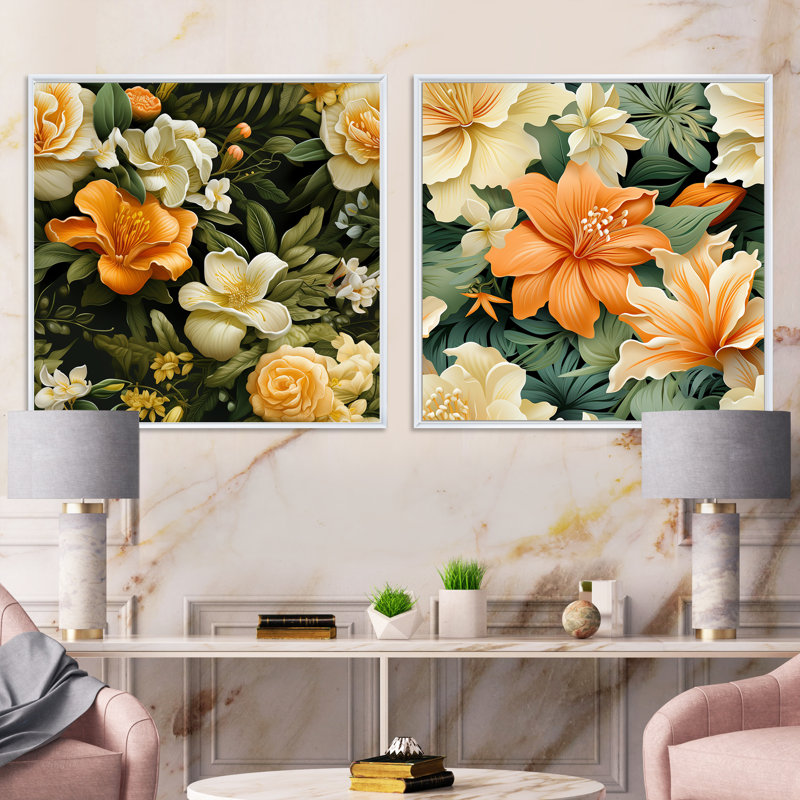 «Mango Bloom», motif tropical I - ensemble de 2 collages floraux carrés, H 16 po x l 33 po, Cadre flottant blanc