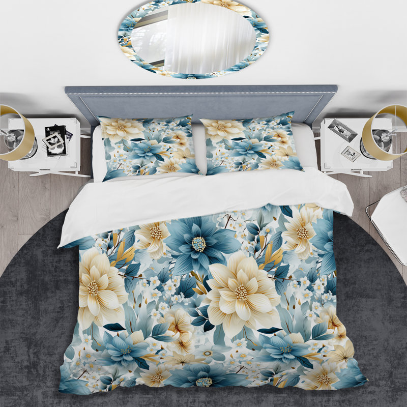 Ensemble de housse de couette Boho Blue Floral Mandala Serenity I, Housse de couette simple + 1 taie décorative stan
