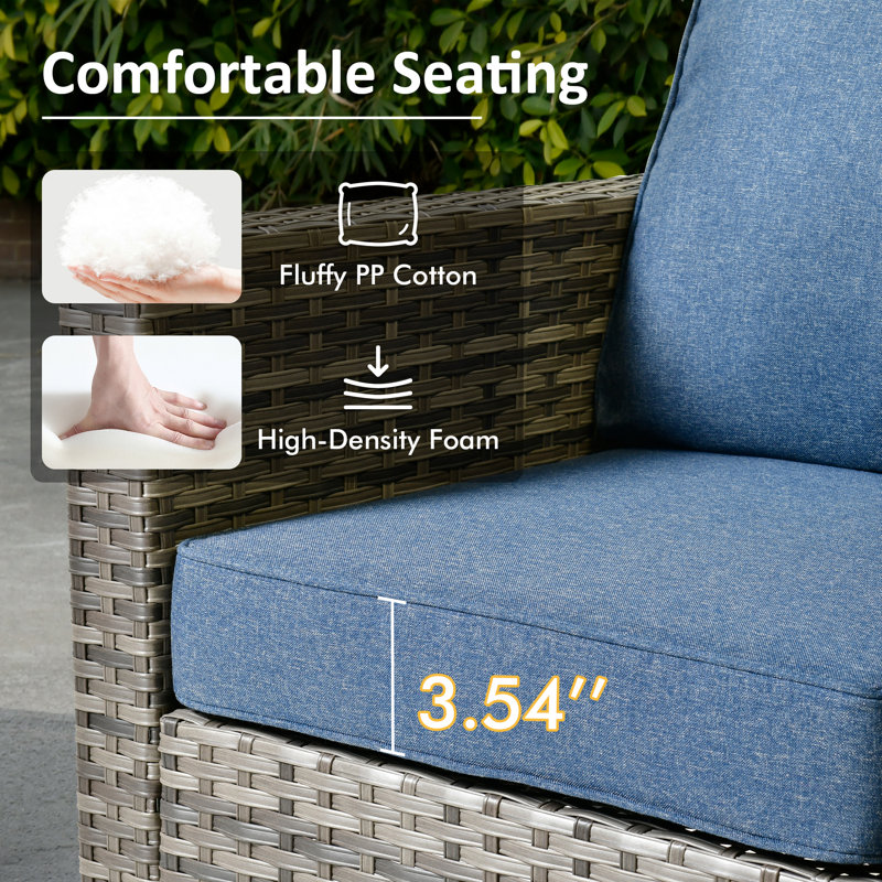 Ensemble de conversation en osier / rotin pour 2 personnes avec coussins Harbin, Bleu denim