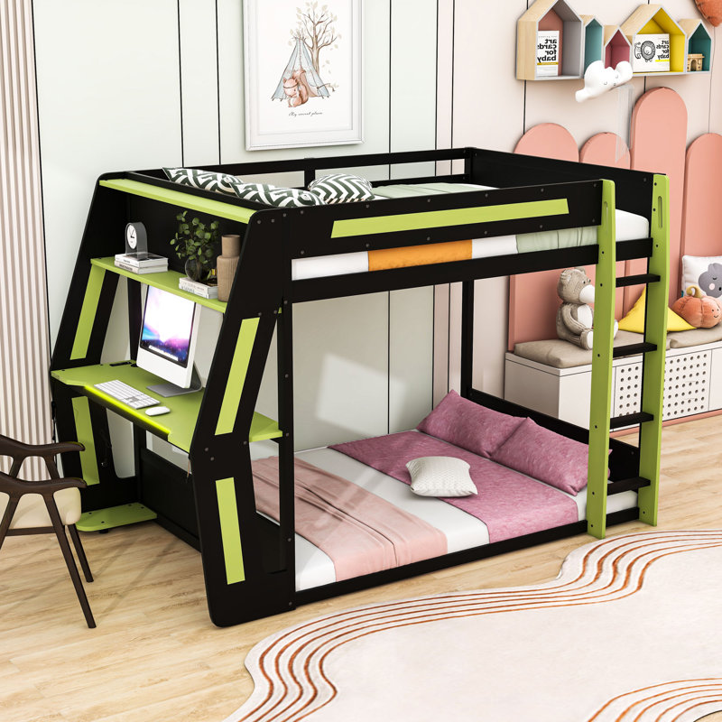 Bunk Bed With RGB Desk, USB Ports And LED Light Strip, Green