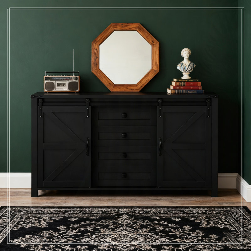 55.1-Inch Sideboard with Storage with Sliding Barn Doors and 4 Drawers, Black