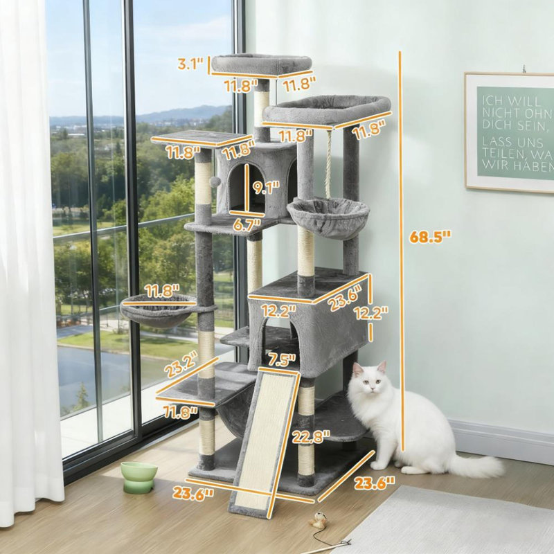 Tour pour arbre à chat à plusieurs niveaux avec deux condos, hamacs et rampe à gratter