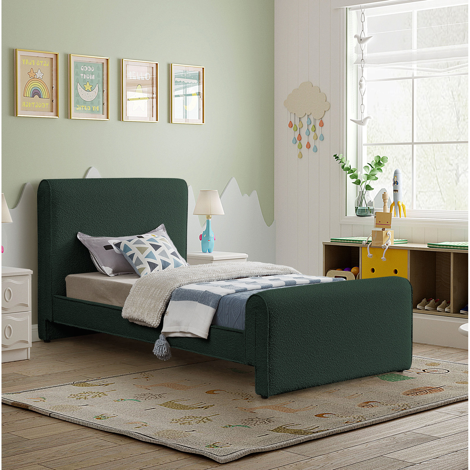 Chaylin Platform Bed, Green Boucle Fabric, Full