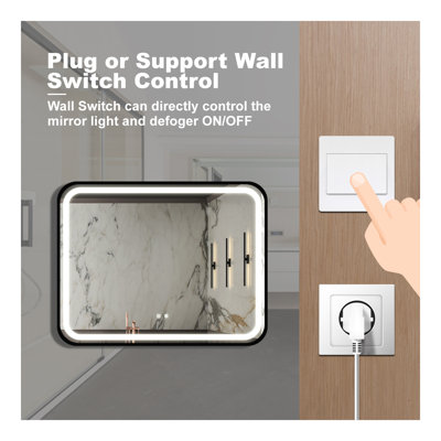 Miroir de salle de bain de 40 po x 32 po à DEL avec grande luminosité, cadre en métal, commande à interrupteur mural, anti-buée, réglable IRC 95 3000K-4500K-6000K, IP54 imperméable à l'eau
