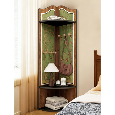 Wood Corner Coat Rack with Storage Shelf, French Vintage Style Hall Tree with Floral Back Panel and Hooks, Space-Saving Entryway Furniture for Hallway, Bedroom, or Living Room