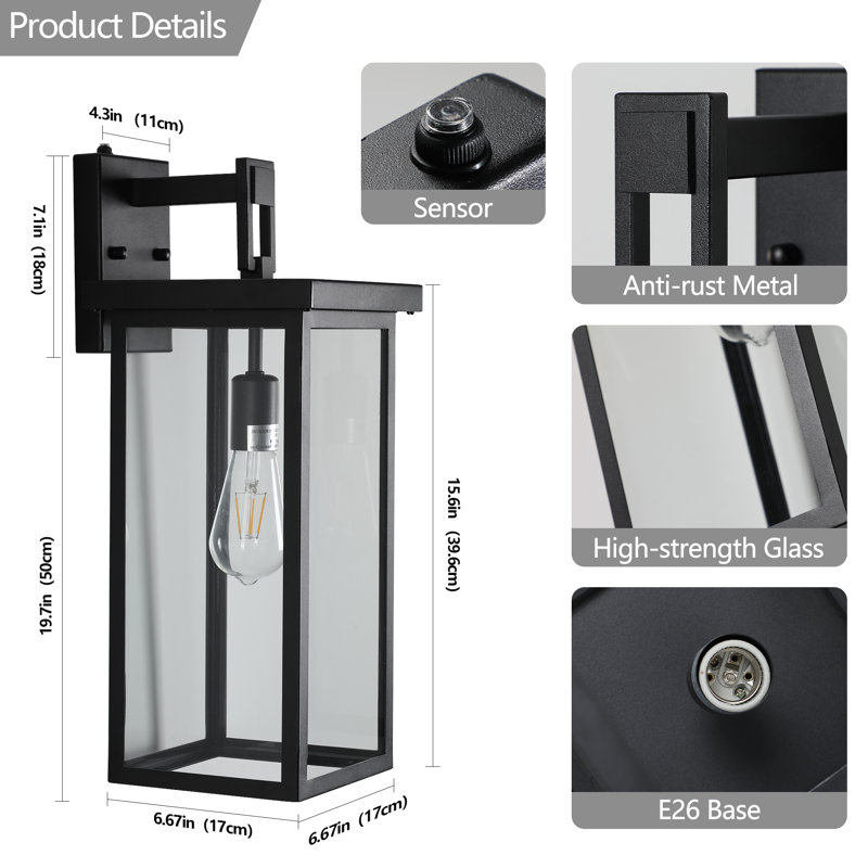 20" Dusk to Dawn Outdoor Wall Sconce Set, Matte Black Porch Light with Clear Glass