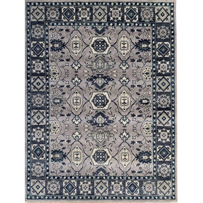 Tapis gris traditionnel en laine noué à la main à motif floral symétrique traditionnel et traditionnel