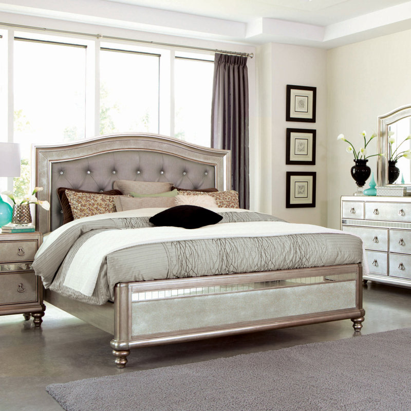 King Gold and Gray Faux Leather Upholstered Bed with Tufted Headboard