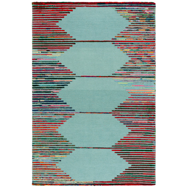 Knylah Hand Tufted Wool/Cotton Striped Rug in Teal/Red, Rectangle 6' x 9'