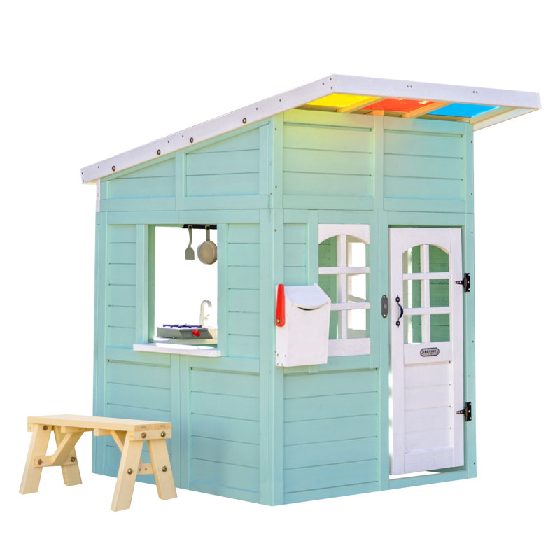 Teamson Kids Wooden Playhouse Wendy House with Rainbow Shade, Kitchen, Flower Box & Bench, Mint, Green