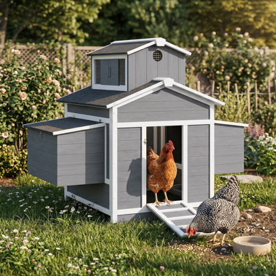 Chicken Coop for 2 Chickens, Wooden Hen House with Nesting Box, Pull-Out Tray, Ventilation Windows, Poultry Hutch Rabbit Cage with Waterproof Roof, Roosting Bars and Ramp