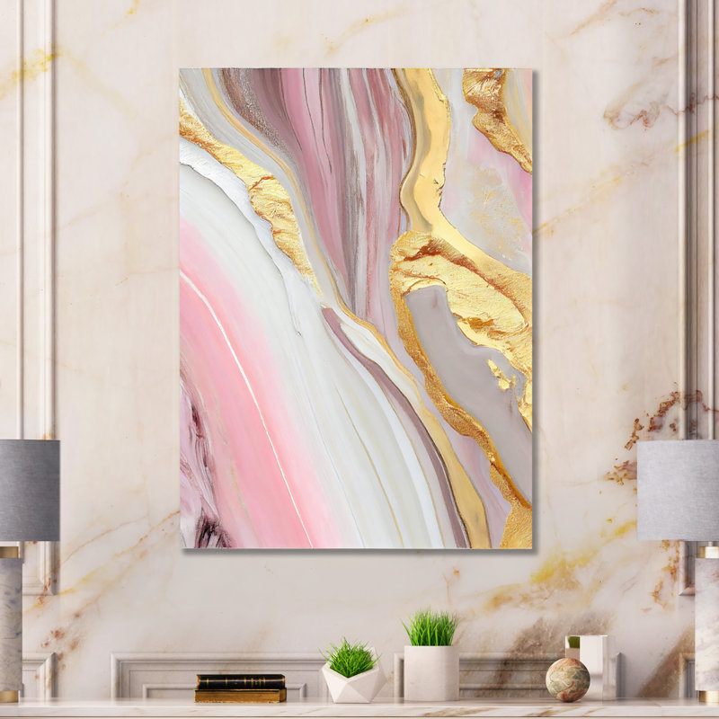 Rose et marbre doré abstrait III - art mural abstrait en marbre, H 20 po x l 12 po x P 1 po, Toile tendue