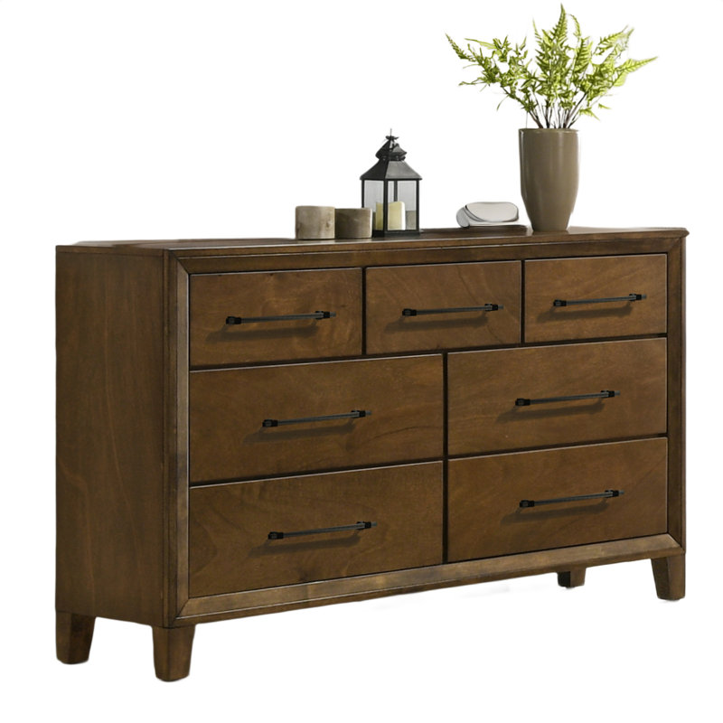 Commode large Lary, chambre de jeunes, brun noyer, 7 tiroirs