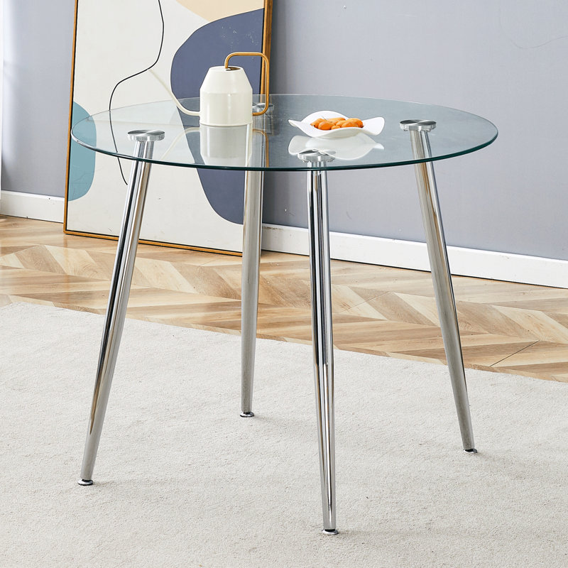 Table de salle à manger ronde 36 pouces en verre trempé transparent, petite table de cuisine moderne, base en métal argenté, transparent