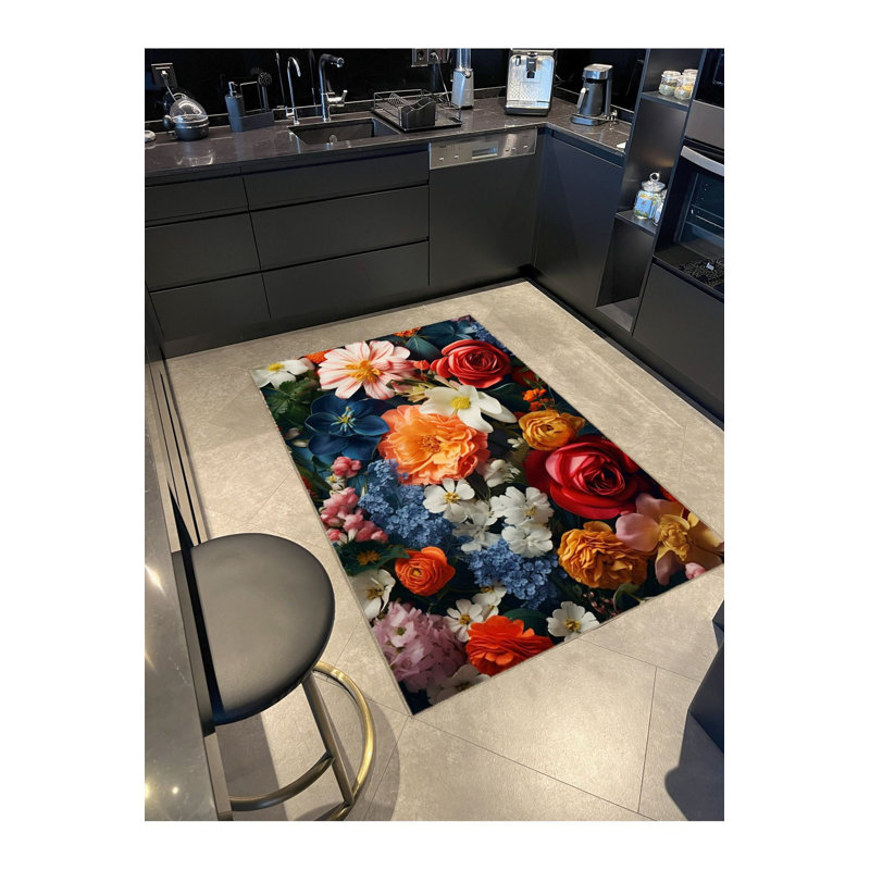 Tapis décoratif lavable multicolore à motif floral multicolore, Sous-tapis carré 3 pi 11 po inclus