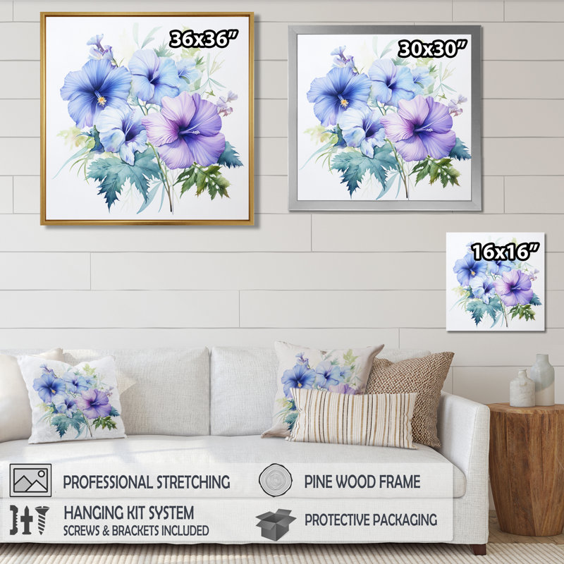 Mauve et bleu, impression d'hibiscus aquarelle - Hibiscus, Toile tendue, H 16 po x l 16 po x P 1 po