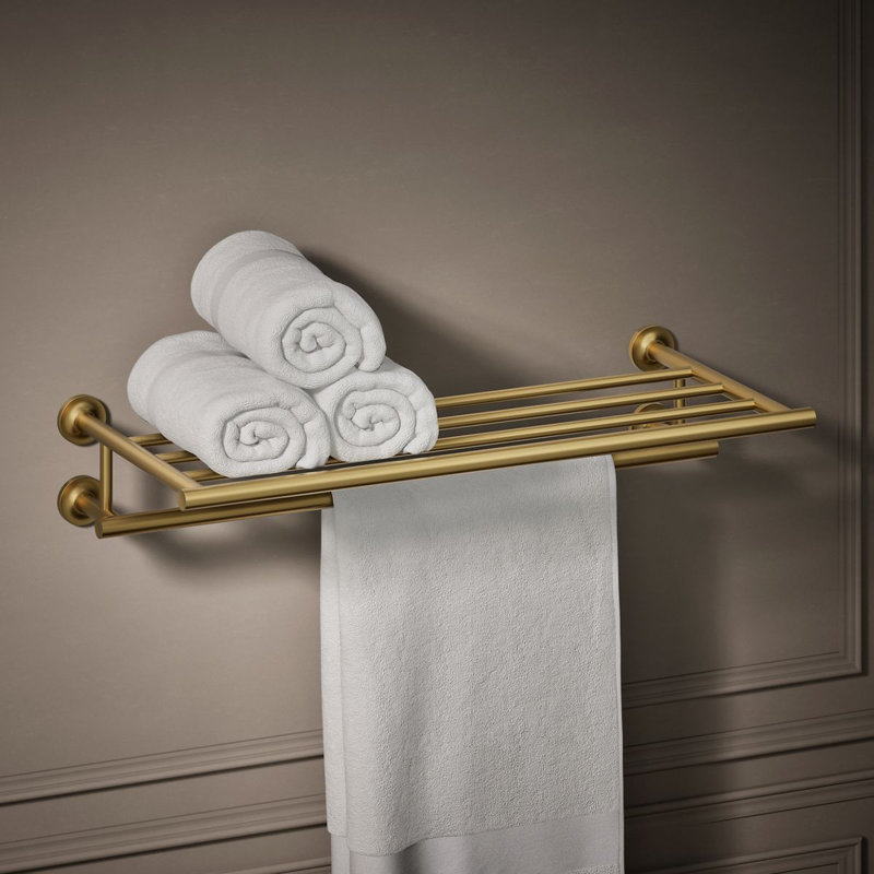 Purist 24" Hotelier Metal Wall-Mount Bathroom Shelf, Towel Holder, Vibrant Brushed Moderne Brass