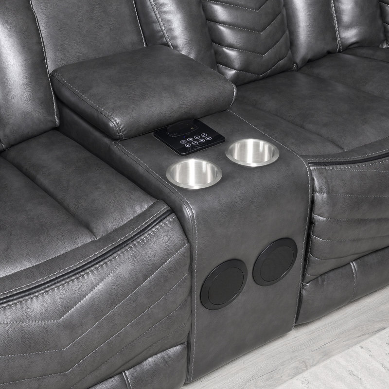 Aprea Wide Air Leather Reclining Sectional with LED and Bluetooth, Gray, 100"W X100"D X 41.5"H