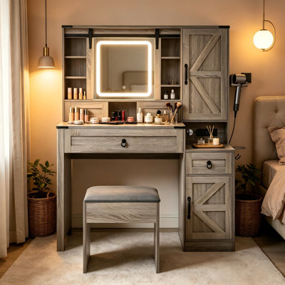 Coiffeuse de maquillage blanc Farmhouse, coiffeuse à miroir en verre coulissant avec station de charge et tabouret