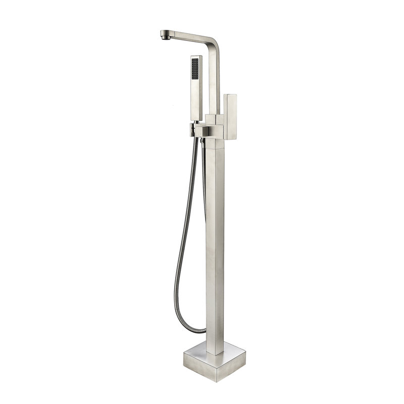 Robinet de baignoire autoportant à poignée simple avec douche au sol, Nickel brossé