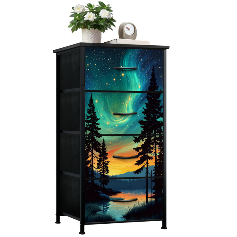Commode pour chambre à coucher avec 4 tiroirs de rangement Aurora Borealis Pine Forest Mountain Lake