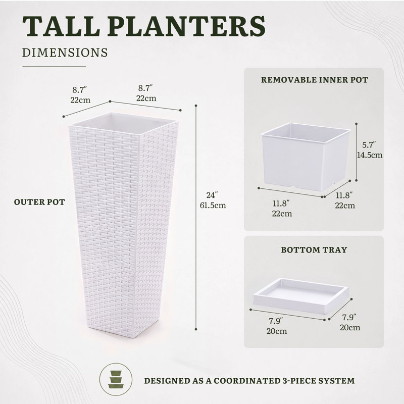 Grandes jardinières de 24 pouces avec soucoupes blanches, H 24 po x L 8,7 po x l 8,7 po, White, 2