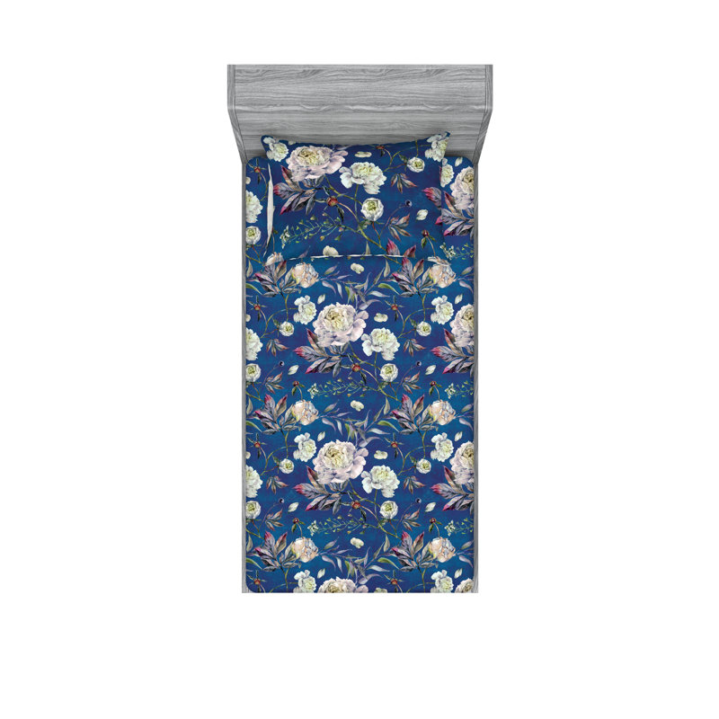 Drap-housse et taies décoratives 3 pièces Ambesonne, Bleu de cobalt, jaune pâle / floral