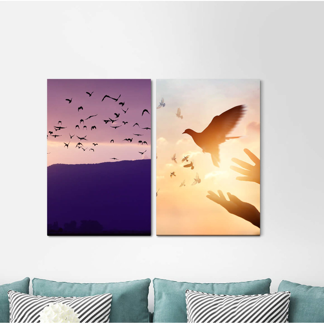 2-tlg. Leinwandbilder-Set - Fotografie „Birds Mountains Dove Peace Evening Red Freedom Peace Dove”