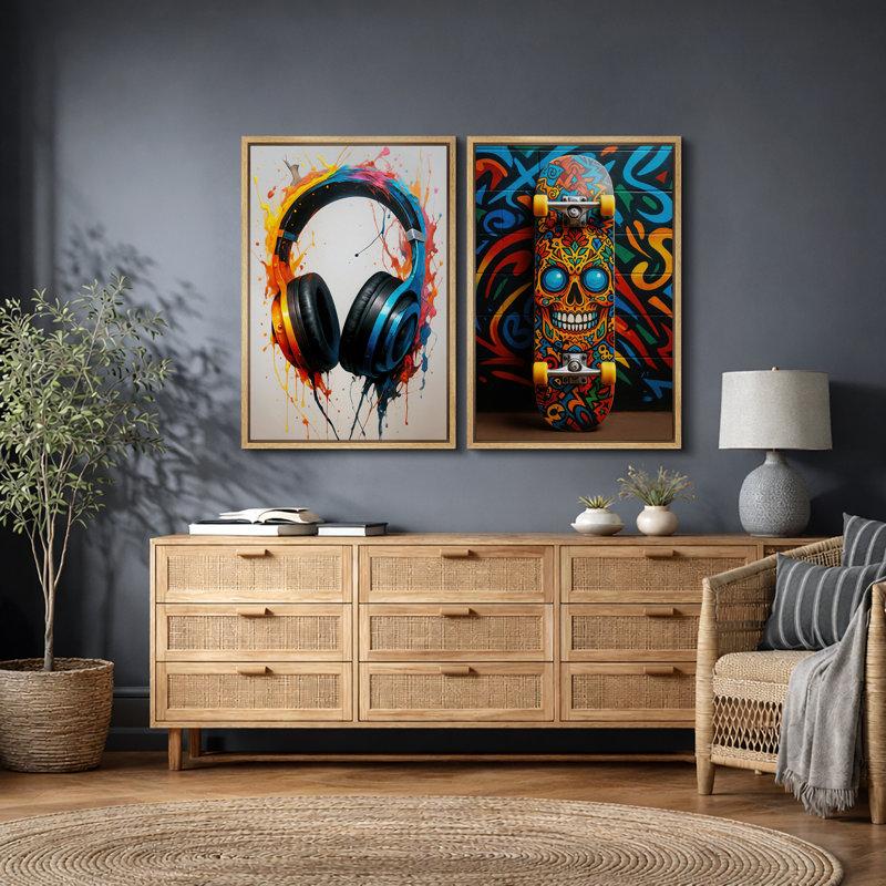 Casque coloré et œuvre de planche à roulettes, Cadre naturel, H 36 po x l 48 po x P 1,5 po