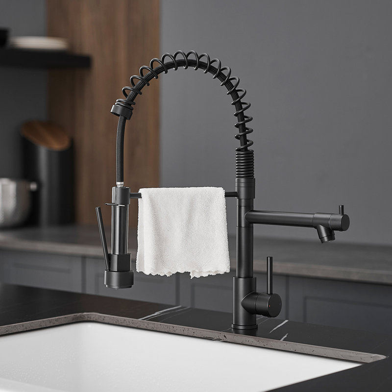 Robinet de cuisine en acier inoxydable 304 avec distributeur de savon, noir, rétractable, monotrou, poignée, plaque commerciale