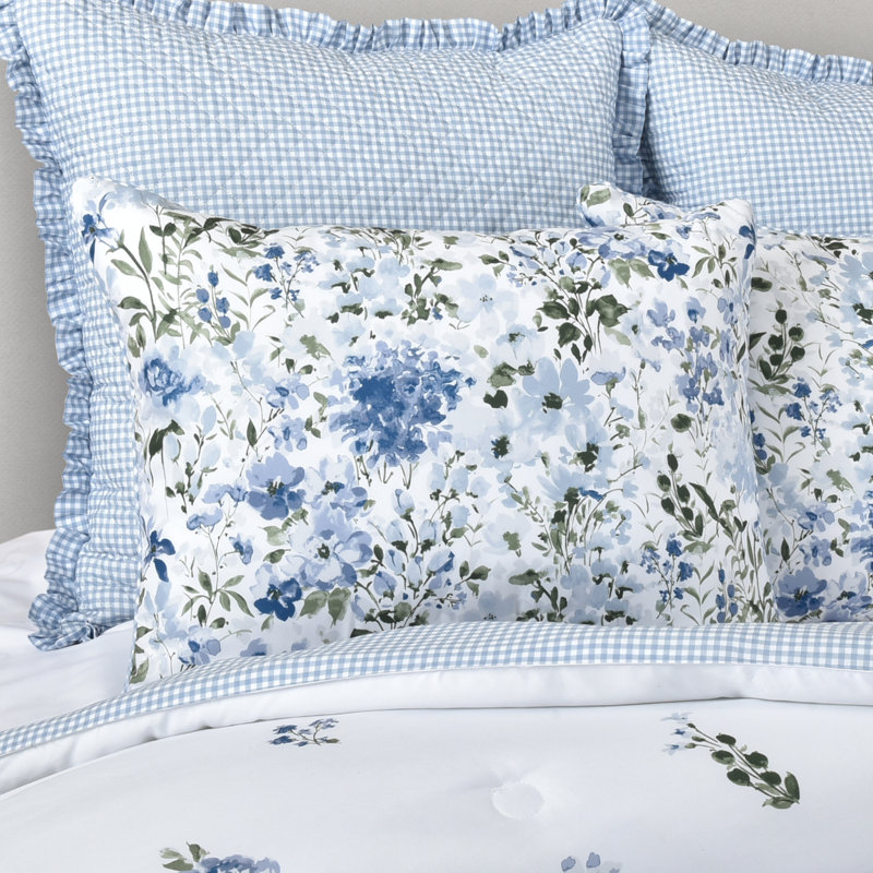 Kourtney Blue Floral Queen Comforter Set with Gingham Accents