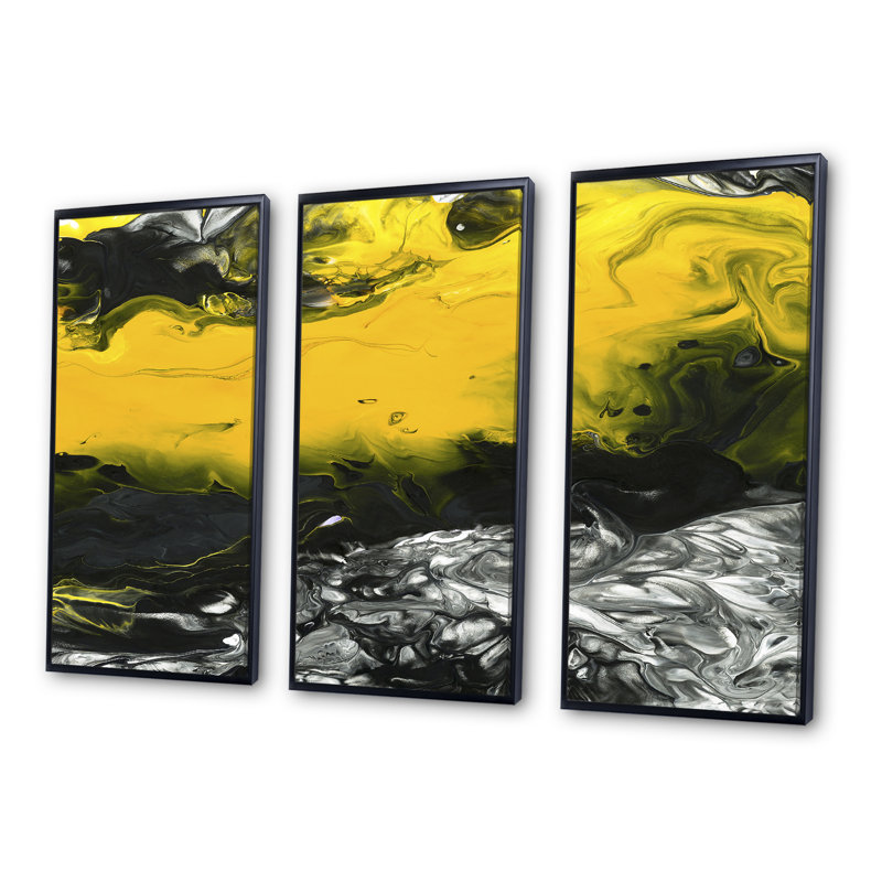 Jaune jaune, noir et blanc, art liquide III - ensemble d'art moderne sur toile encadrée moderne de 3, Cadre noir