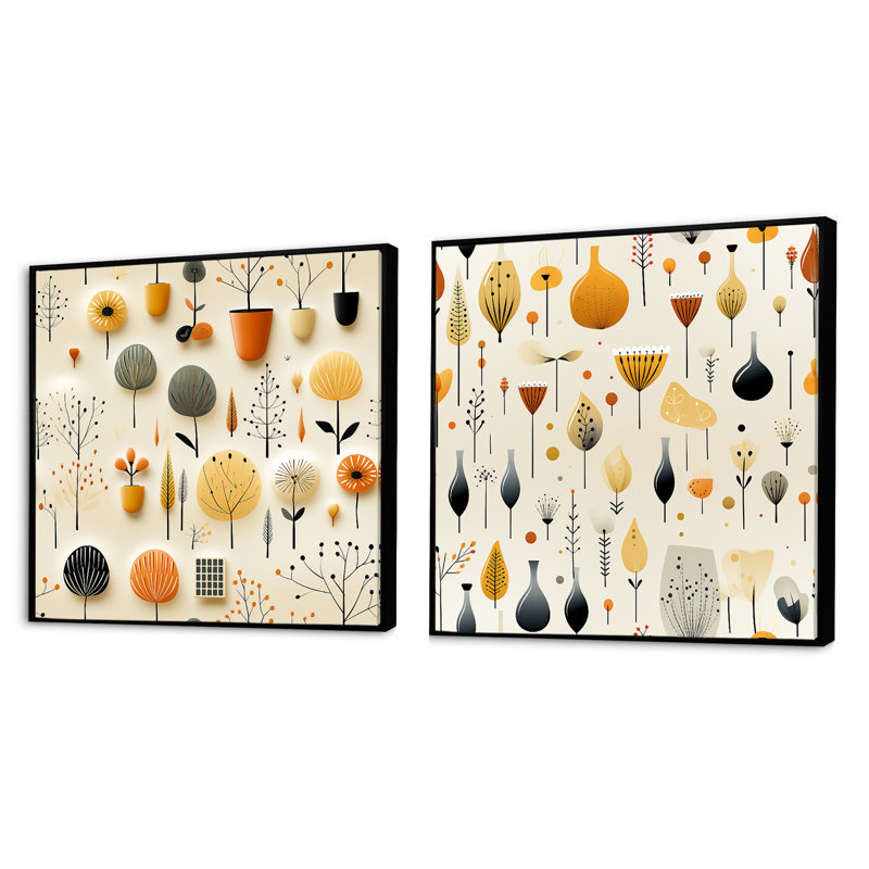 Mcm Minimalist Charm - Abstract Shapes Square Collage Set Of 2, 16" H x 33" W, Black Floater Framed