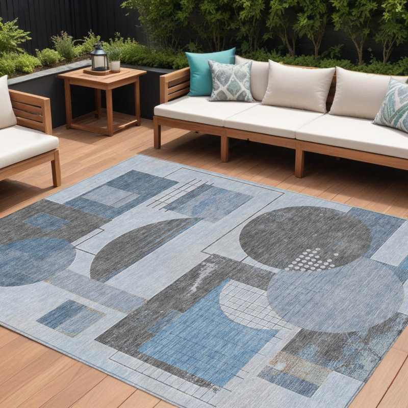 Tapis géométrique lavable intérieur / extérieur bleu 10 pi x 14 pi